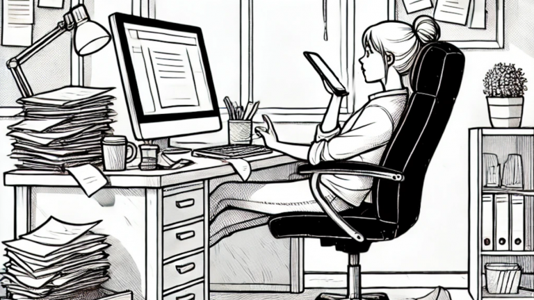 Woman sitting at cluttered desk procrastinating.