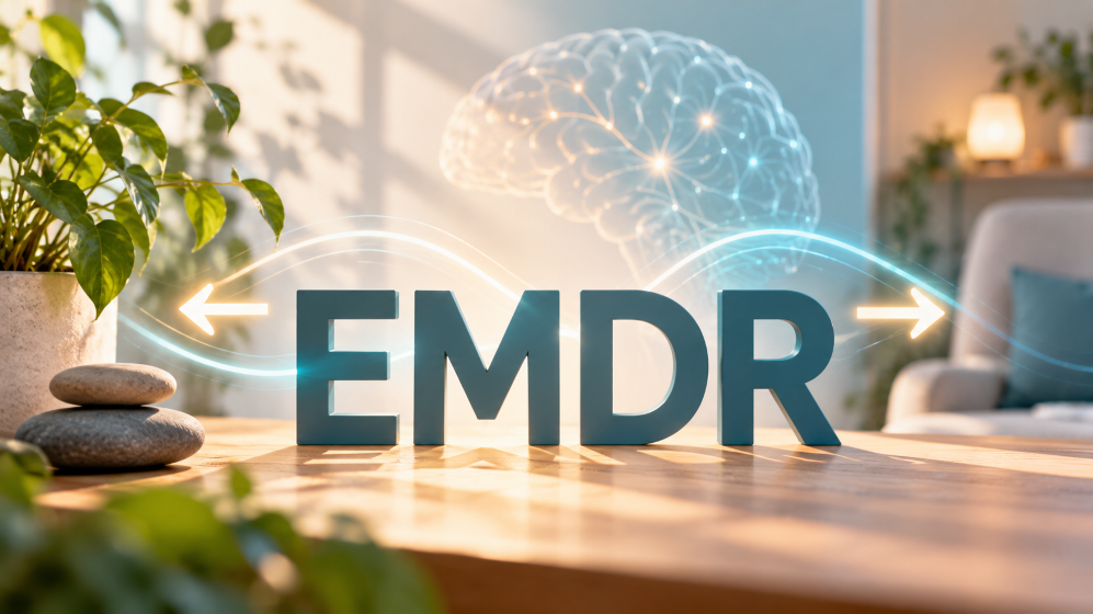 EMDR therapy illustration with side-to-side arrows representing bilateral stimulation.